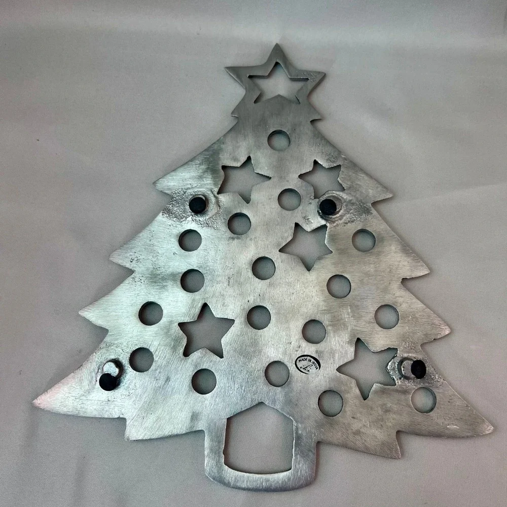 IHI Christmas Tree Trivet Silver Aluminum Holiday Kitchen Hot Plate Excellent